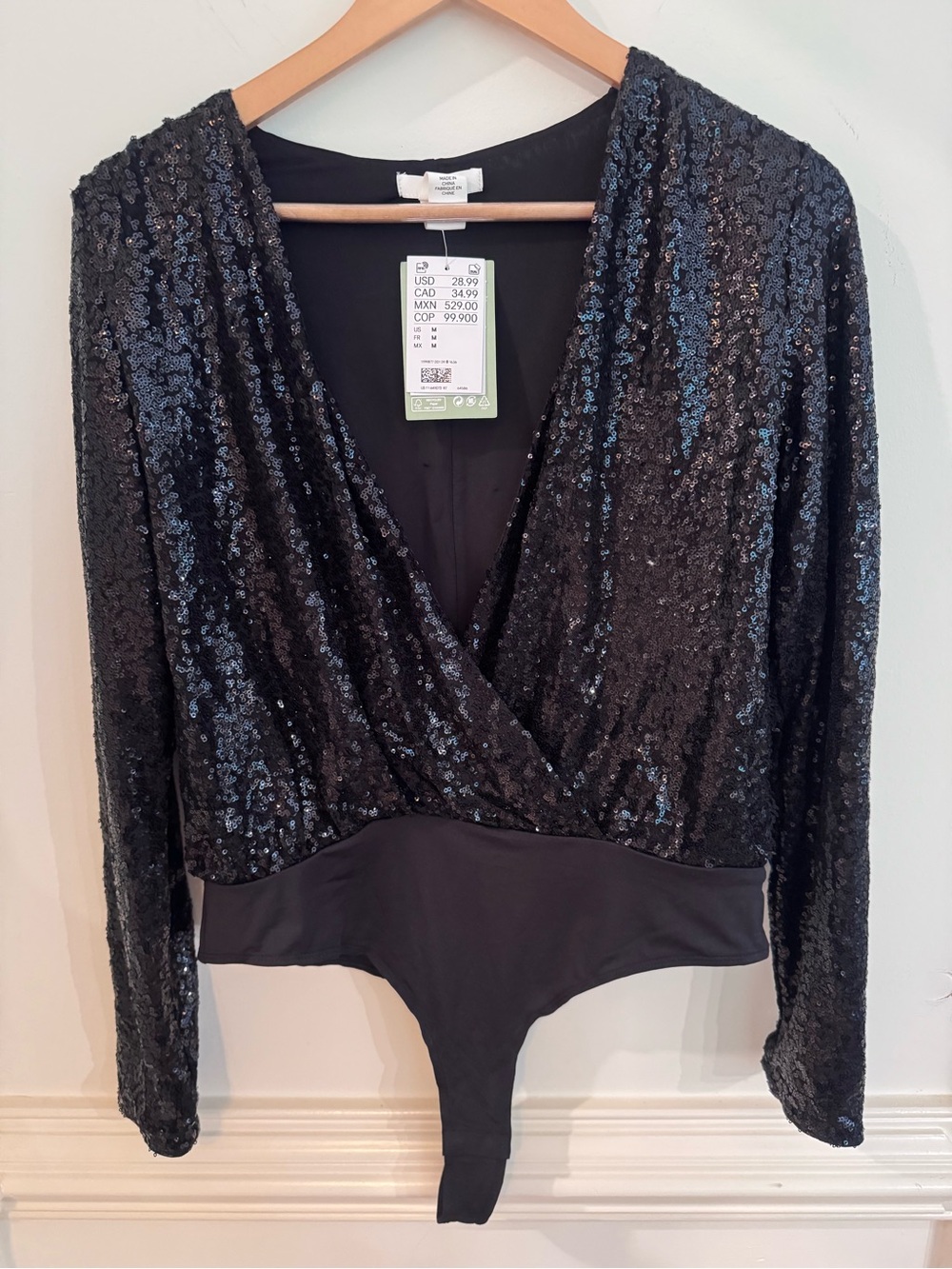 H&M Black Sequin Wrap-Front Long Sleeve Bodysuit